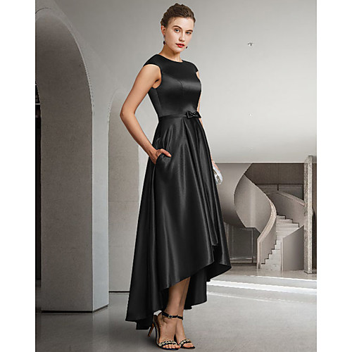 

A-Line Mother of the Bride Dress Elegant Jewel Neck Asymmetrical Satin Sleeveless with Bow(s) Pleats 2021