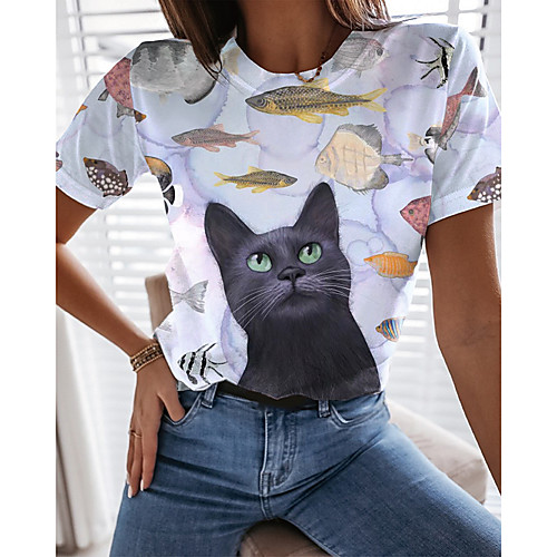 

Women's Going out 3D Cat T shirt Cat Graphic Print Round Neck Basic Tops White Blue Gray