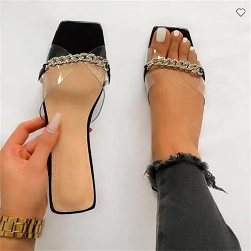 

Women's Sandals Flat Heel Square Toe PU Rhinestone Striped Black Beige