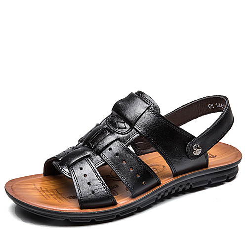 

Men's Sandals Daily Outdoor Walking Shoes Faux Leather Cowhide Breathable Non-slipping Dark Brown Black Summer