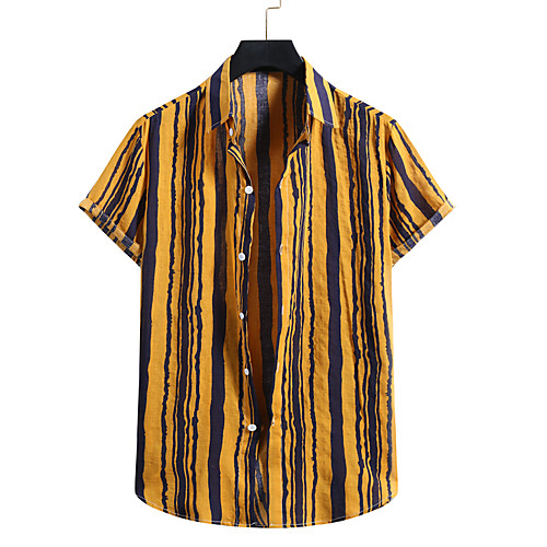 

Men's Shirt Other Prints Striped Print Short Sleeve Casual Tops Hawaiian Button Down Collar Blue Yellow