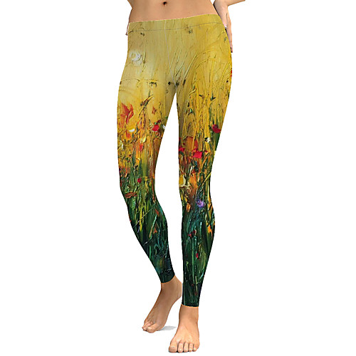 

Women's Stylish Novelty Comfort Skinny Leisure Sports Weekend Leggings Pants Flower / Floral Leaf Ankle-Length Sporty Elastic Waist Print Yellow
