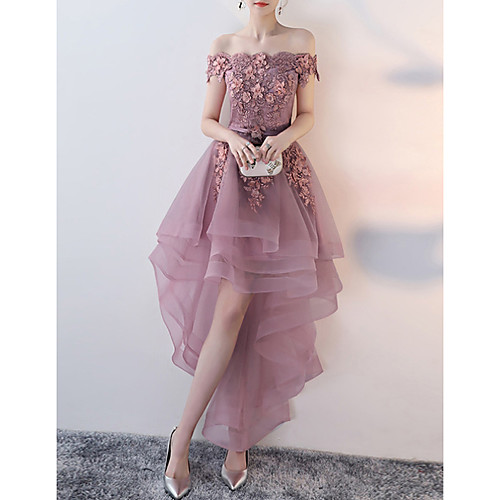 

A-Line Floral Wedding Guest Prom Dress Off Shoulder Short Sleeve Asymmetrical Tulle with Appliques 2021