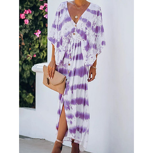 

Women's Swing Dress Maxi long Dress Blue Red 3/4 Length Sleeve Striped Tie Dye Summer V Neck Casual Loose 2021 S M L XL