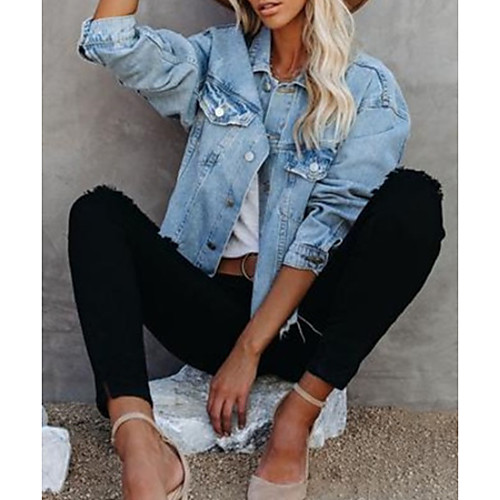 

Women's Denim Jacket Daily Spring & Summer Regular Coat Shirt Collar Regular Fit Jacket Long Sleeve Solid Colored Patchwork Light Blue