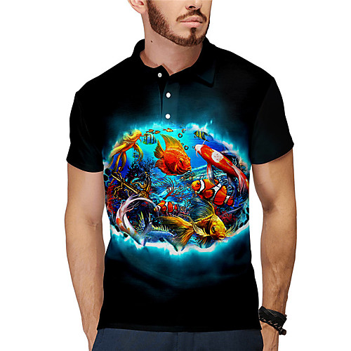 

Men's Golf Shirt Tennis Shirt 3D Print Graphic Prints Fish Animal Button-Down Print Short Sleeve Daily Tops Casual Designer Big and Tall Black / Summer