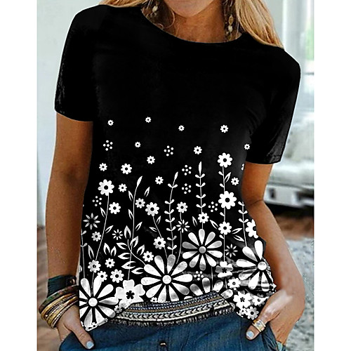 

Women's Floral Theme T shirt Floral Graphic Print Round Neck Basic Tops Black