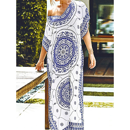 

Blue and White Boho Maxi Cover Up Kaftan - ONE SIZE