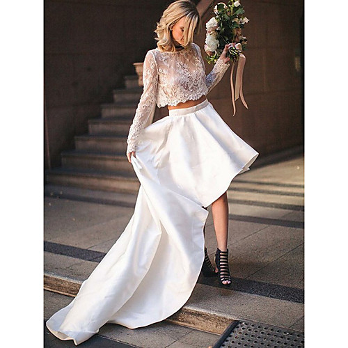 

Two Piece Wedding Dresses Jewel Neck Court Train Asymmetrical Lace Satin Long Sleeve Beach Cute with Pleats Appliques 2021