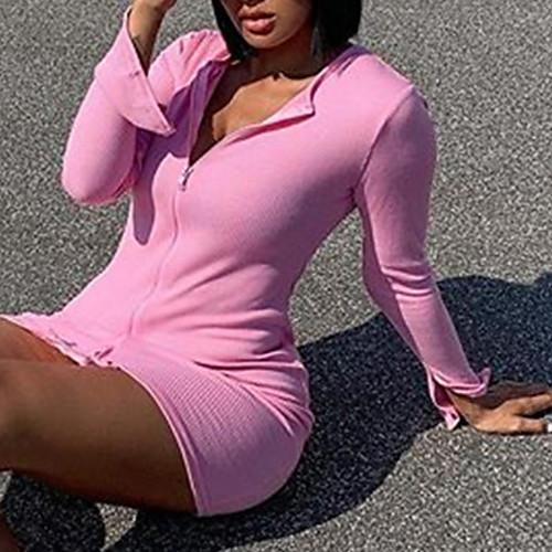 

Women's Sports Dress Short Mini Dress Pink Long Sleeve Solid Color Patchwork Fall Summer V Neck Elegant Casual 2021 S M L