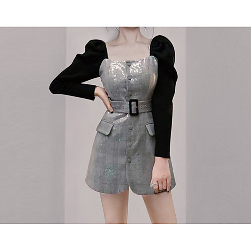

A-Line Color Block Sparkle Homecoming Cocktail Party Dress Scoop Neck Long Sleeve Short / Mini Sequined with Sash / Ribbon Sequin 2021