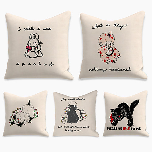 

5 pcs Linen Pillow Cover, Cartoon Square Zipper Polyester Traditional Classic