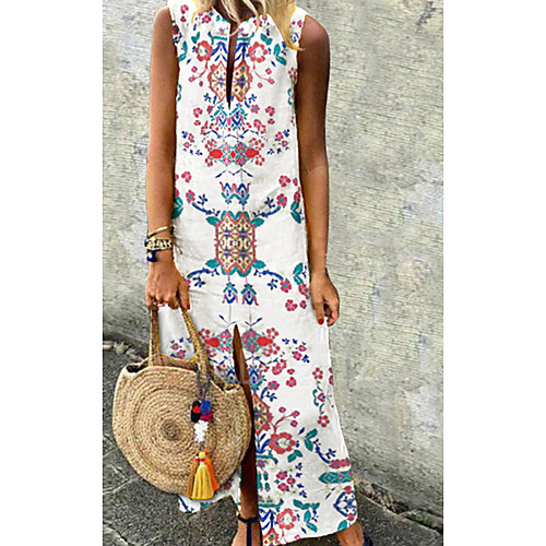 

Women's Shift Dress Maxi long Dress White Sleeveless Solid Color Color Block Print Spring Summer V Neck Casual 2021 S M L XL XXL 3XL / Cotton / Cotton