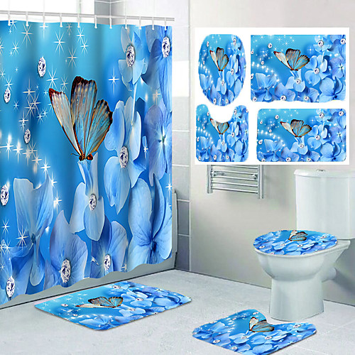 

Diamond Flower Butterfly Pattern Printing Bathroom Shower Curtain Leisure Toilet Four-piece Set