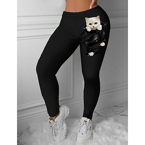 

Women's Colorful Fashion Comfort Skinny Leisure Sports Weekend Leggings Pants 3D Print Cat Animal Ankle-Length Sporty Elastic Waist Print Black