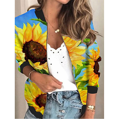 

Women's Jacket Daily Spring & Fall Regular Coat Regular Fit Active Streetwear Jacket Long Sleeve Plants Print Blue / Holiday / Beach