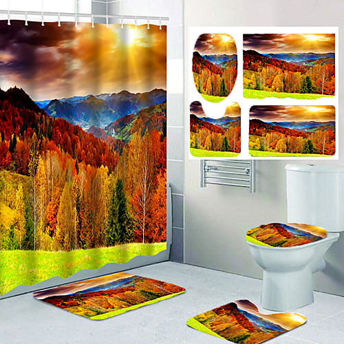 

Sunlit Mountain Forest Print Bathroom Shower Curtain and Leisure Toilet Four-piece Design