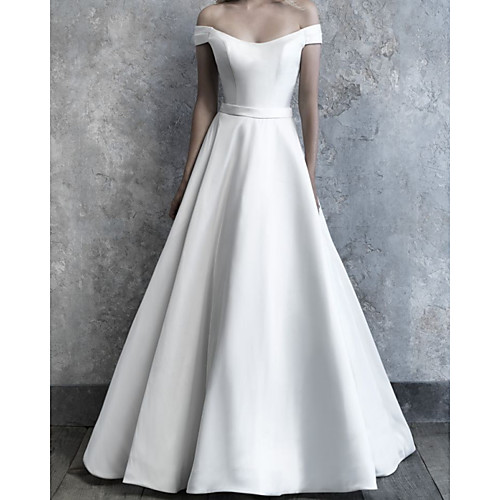 

A-Line Wedding Dresses Off Shoulder Sweep / Brush Train Satin Sleeveless Simple with 2021