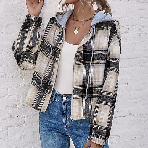 

Women's Jacket Daily Fall & Winter Short Coat Shirt Collar Regular Fit Sporty Jacket Long Sleeve Print Blue Beige