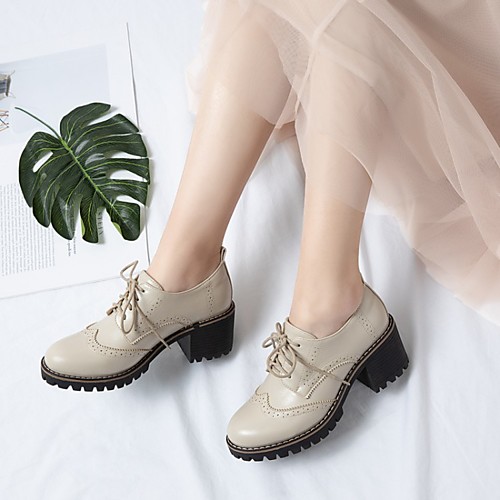 

Women's Oxfords Brogue Block Heel Chunky Heel Round Toe PU Synthetics Almond Black