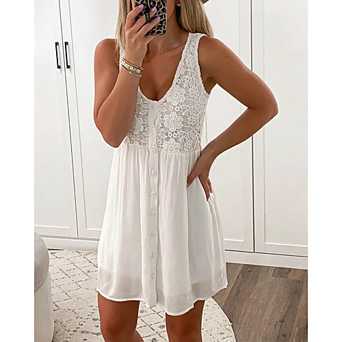 

Women's Strap Dress Short Mini Dress Sky Blue White Sleeveless Solid Color Patchwork Summer Casual Sexy Loose 2021 S M L XL / Lace