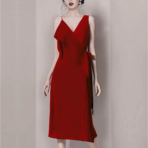 

A-Line Minimalist Sexy Homecoming Cocktail Party Dress Spaghetti Strap Sleeveless Tea Length Stretch Fabric with Sash / Ribbon Split 2021