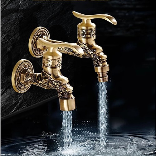 

Wall Mount Antique Brass Faucet, Garden Outdoor Decorative Hose 1/2 inch Connection Spigot Carving Desigh with Cold Water Only