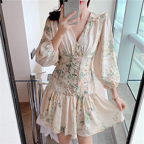 

A-Line Sexy Boho Wedding Guest Cocktail Party Dress V Neck 3/4 Length Sleeve Short / Mini Chiffon with Pleats Pattern / Print 2021