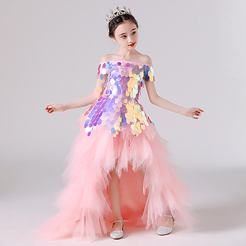 

Princess Sweep / Brush Train Flower Girl Dresses Party Tulle Short Sleeve Off Shoulder with Solid