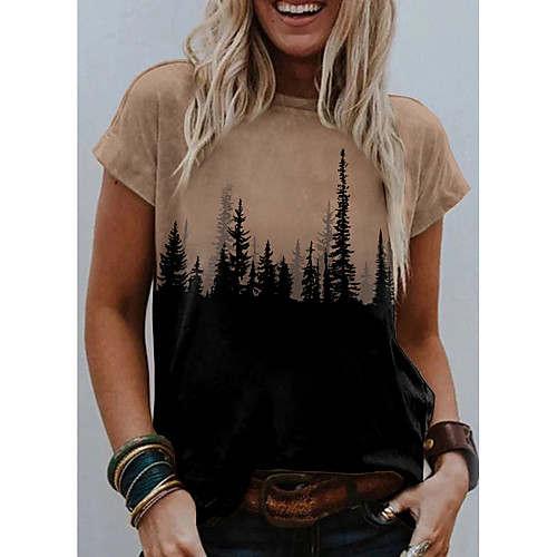 

Women's Painting T shirt Graphic Scenery Print Round Neck Basic Tops Blue Khaki Gray