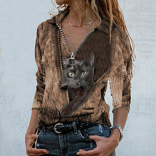 

Women's Blouse Cat Long Sleeve Zipper Shirt Collar Basic Tops Blue Brown Gray