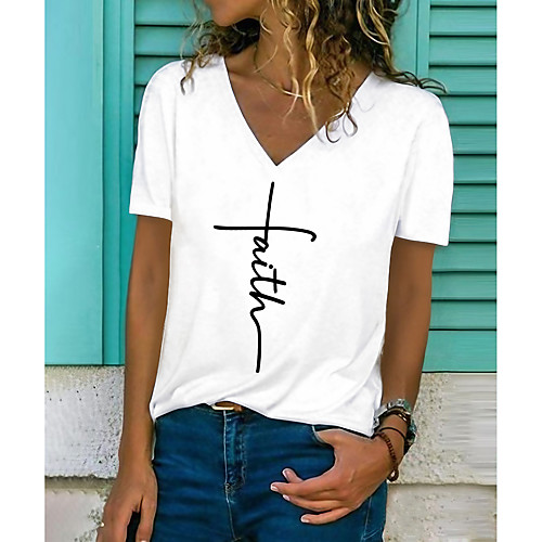 

Women's Faith T shirt Letter Print V Neck Basic Casual Tops White
