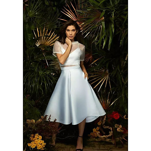 

Two Piece Minimalist Elegant Homecoming Cocktail Party Dress High Neck Short Sleeve Tea Length Stretch Satin with Pleats 2021