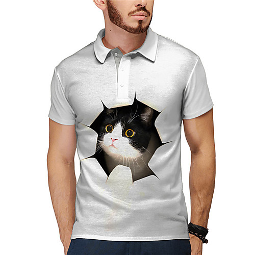 

Men's Golf Shirt 3D Print Cat Graphic Prints Animal Button-Down Print Short Sleeve Daily Tops Casual Designer Big and Tall Gray / Summer