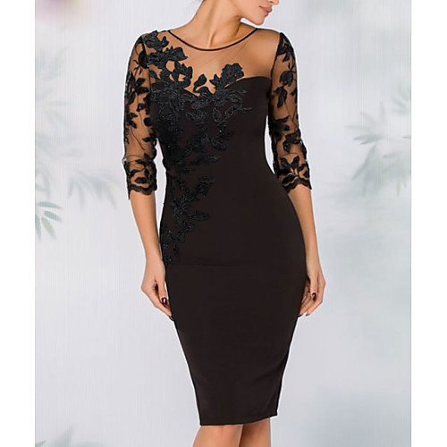 

Sheath / Column Elegant Wedding Guest Cocktail Party Dress Illusion Neck 3/4 Length Sleeve Knee Length Polyester with Sequin Appliques 2021