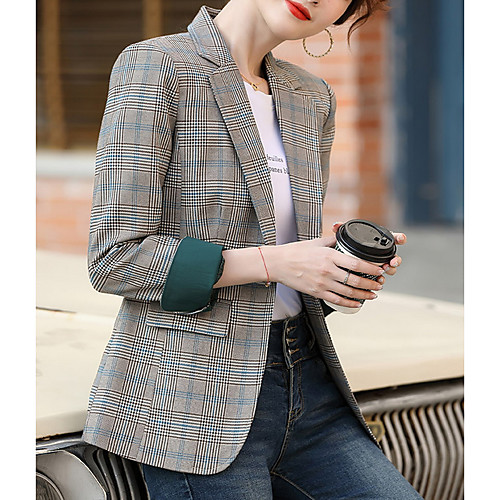 

Women's Blazer Blazer Plaid Regular Fit Polyester Men's Suit Blue / Khaki - Notch lapel collar