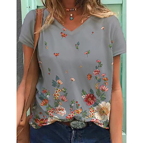 

Women's Butterfly Painting T shirt Floral Graphic Print V Neck Basic Tops Gray