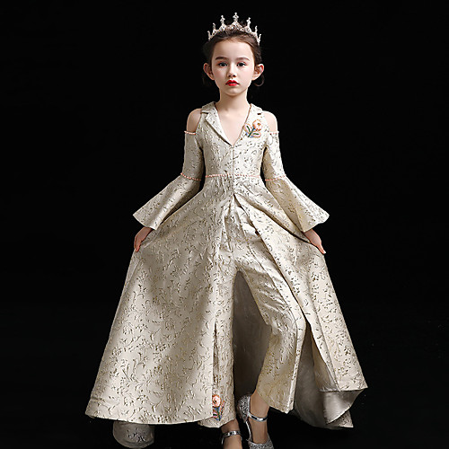 

Pantsuit / Jumpsuit Sweep / Brush Train Flower Girl Dresses Formal Evening Satin Long Sleeve V Neck with Beading