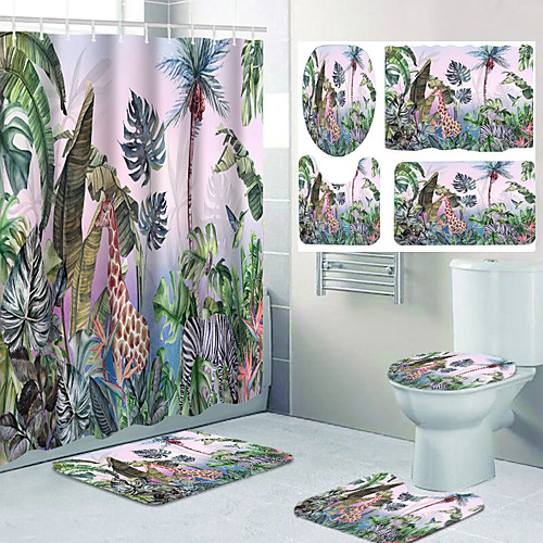 

Giraffe Zebra Bathroom Waterproof Shower Curtain Leisure Toilet Floor Mat Four-piece Design