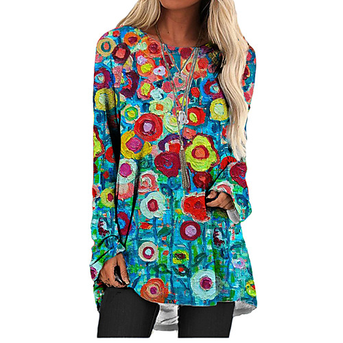

Women's Shift Dress Short Mini Dress Blue Long Sleeve Floral Geometric Print Fall Spring Round Neck Casual Holiday 2021 S M L XL XXL 3XL