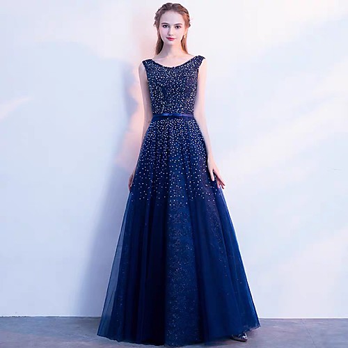 

A-Line Jewel Neck Floor Length Tulle Bridesmaid Dress with Sash / Ribbon / Sequin / Appliques