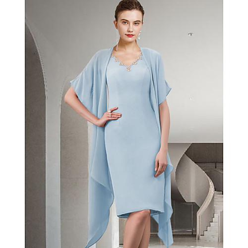 

Two Piece Sheath / Column Mother of the Bride Dress Elegant V Neck Knee Length Chiffon Sleeveless with Beading 2021