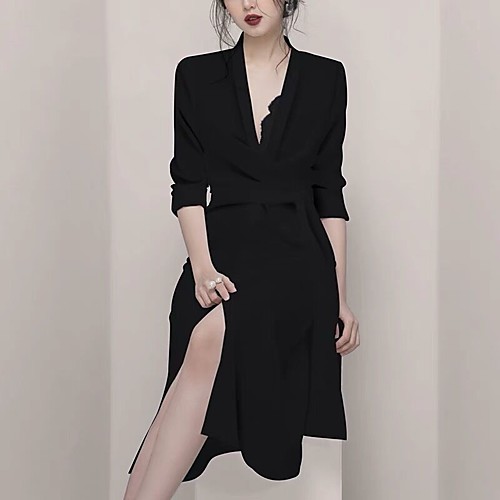 

Sheath / Column Minimalist Sexy Homecoming Formal Evening Dress V Neck Long Sleeve Tea Length Spandex with Lace Insert 2021