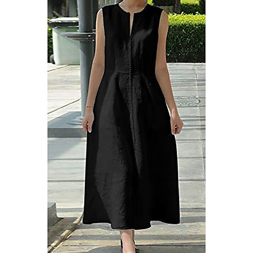 

Women's A Line Dress Maxi long Dress White Black Sleeveless Solid Color Patchwork Print Spring Summer Round Neck Casual Loose 2021 S M L XL XXL