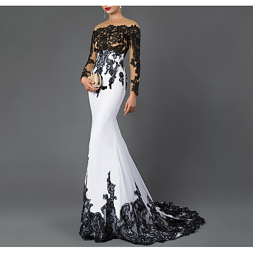

Mermaid / Trumpet Color Block Formal Evening Dress Off Shoulder Long Sleeve Sweep / Brush Train Polyester with Lace Insert 2021