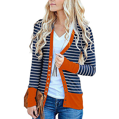 

Women's Jacket Daily Spring & Fall Regular Coat V Neck Regular Fit Active Jacket Long Sleeve Striped Patchwork Light Blue orange / Holiday