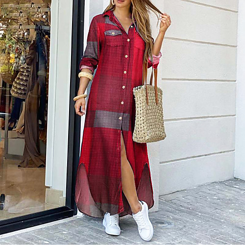 

Women's Shift Dress Maxi long Dress Blue Yellow Wine Red Long Sleeve Print Patchwork Fall Shirt Collar Casual Loose 2021 S M L XL XXL 3XL / Cotton / Cotton