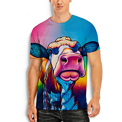 

Men's Tee T shirt 3D Print Graphic Prints Cow Animal Print Short Sleeve Casual Tops Basic Casual Rainbow