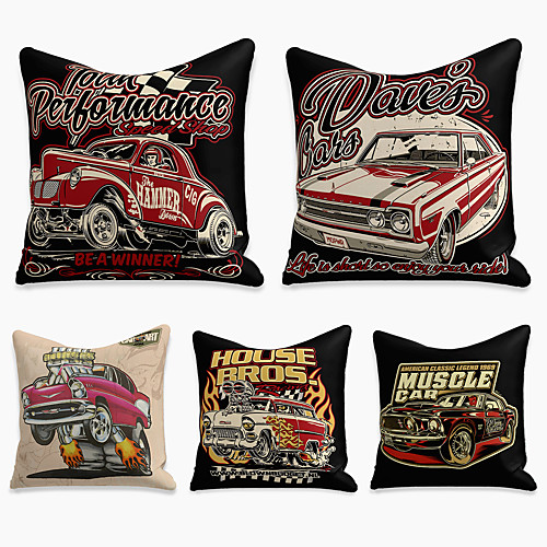 

5 pcs Faux Linen Pillow Cover, Cartoon Square Zipper Polyester Traditional Classic
