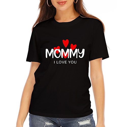 

Women's T shirt Heart Text Print Round Neck Tops 100% Cotton Basic Basic Top White Black